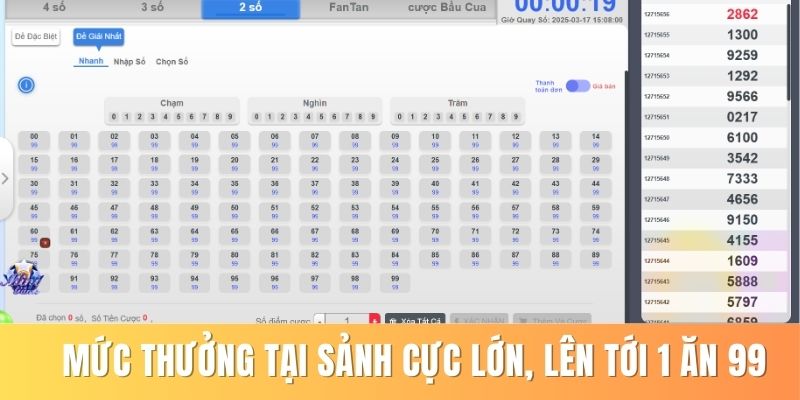 Mức thưởng tại sảnh cực lớn, lên tới 1 ăn 99